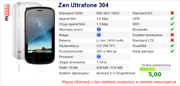 Dane telefonu Zen Ultrafone 304