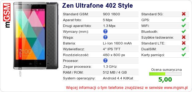 Dane telefonu Zen Ultrafone 402 Style Dane telefonu Zen Ultrafone 402 Style