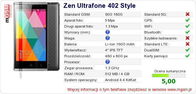 Dane telefonu Zen Ultrafone 402 Style