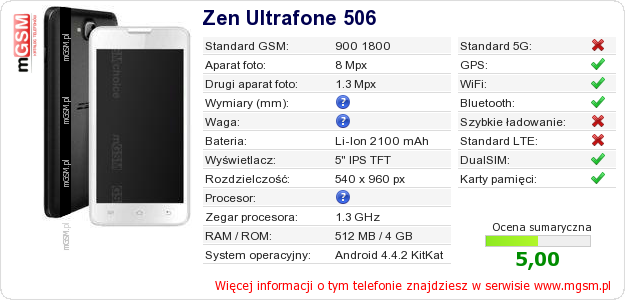 Dane telefonu Zen Ultrafone 506