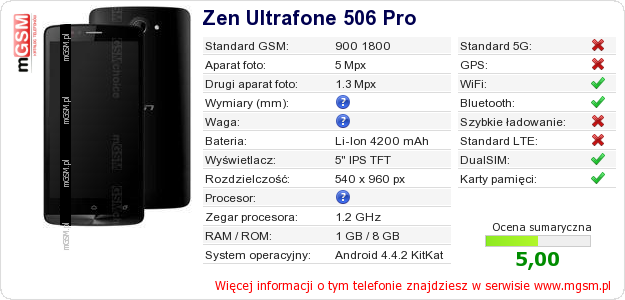 Dane telefonu Zen Ultrafone 506 Pro