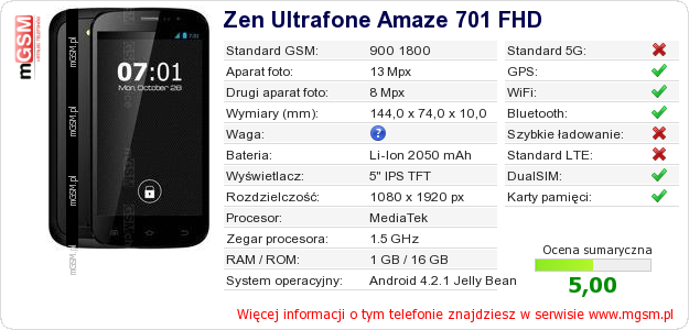 Dane telefonu Zen Ultrafone Amaze 701 FHD Dane telefonu Zen Ultrafone Amaze 701 FHD