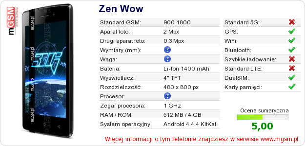 Dane telefonu Zen Wow