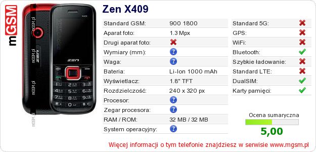Dane telefonu Zen X409