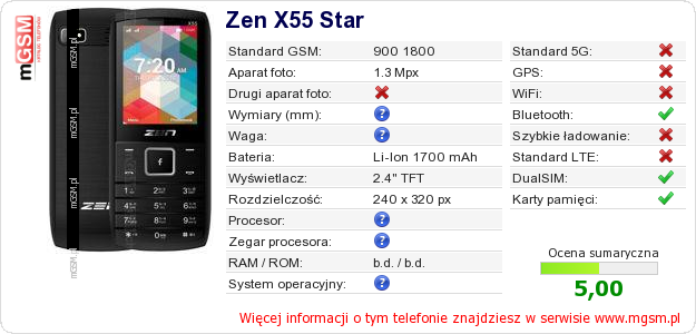 Dane telefonu Zen X55 Star Dane telefonu Zen X55 Star