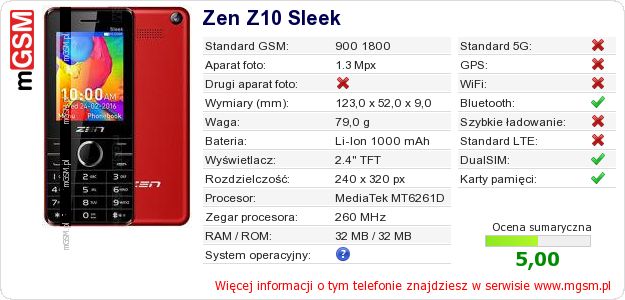 Dane telefonu Zen Z10 Sleek Dane telefonu Zen Z10 Sleek