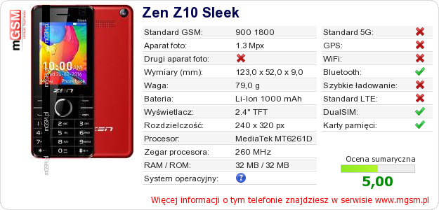 Dane telefonu Zen Z10 Sleek Dane telefonu Zen Z10 Sleek