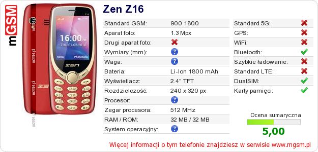 Dane telefonu Zen Z16