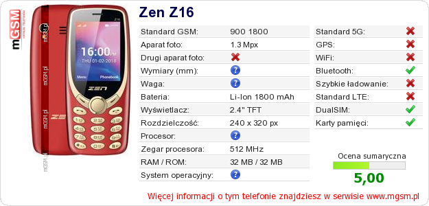 Dane telefonu Zen Z16 Dane telefonu Zen Z16