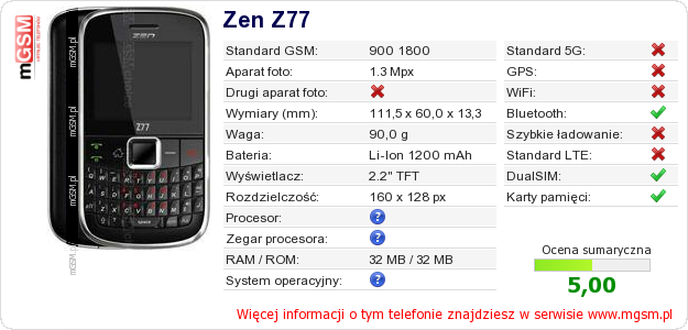 Dane telefonu Zen Z77 Dane telefonu Zen Z77