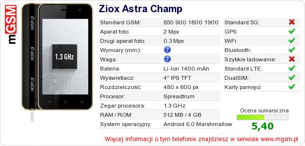 Dane telefonu Ziox Astra Champ