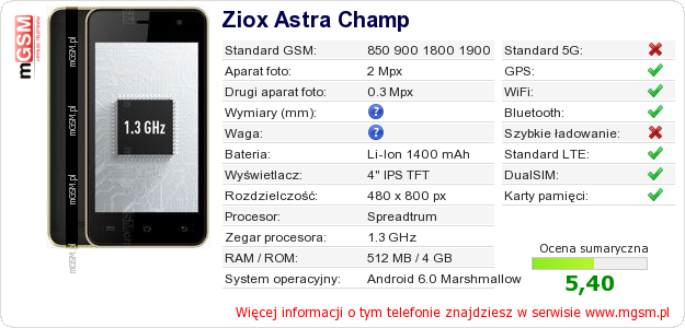 Dane telefonu Ziox Astra Champ Dane telefonu Ziox Astra Champ