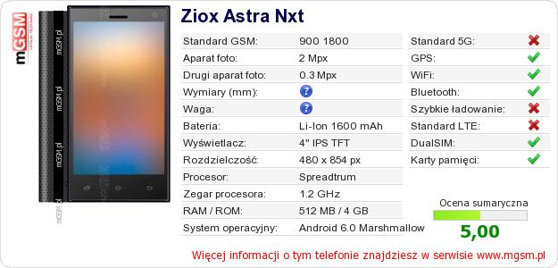 Dane telefonu Ziox Astra Nxt