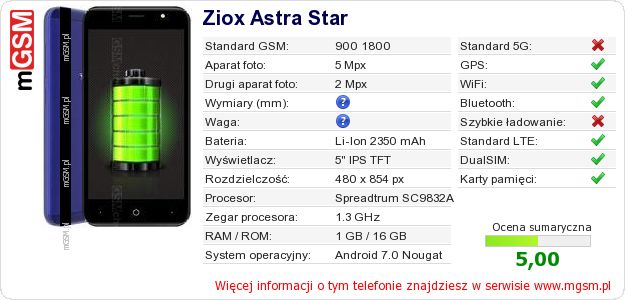 Dane telefonu Ziox Astra Star Dane telefonu Ziox Astra Star