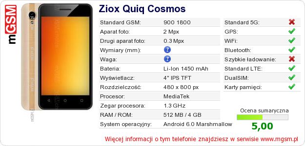 Dane telefonu Ziox Quiq Cosmos