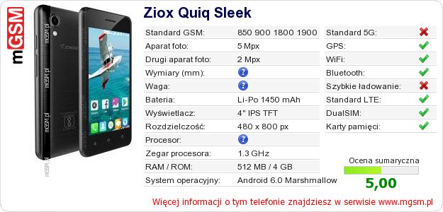 Dane telefonu Ziox Quiq Sleek