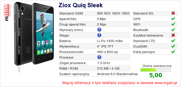 Dane telefonu Ziox Quiq Sleek Dane telefonu Ziox Quiq Sleek