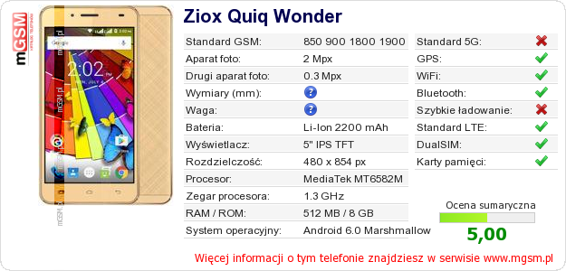 Dane telefonu Ziox Quiq Wonder Dane telefonu Ziox Quiq Wonder