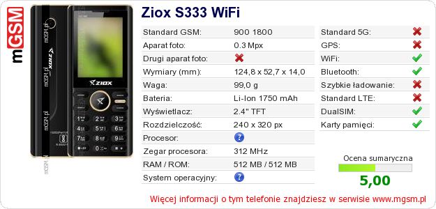 Dane telefonu Ziox S333 WiFi