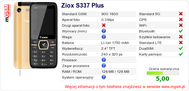 Dane telefonu Ziox S337 Plus
