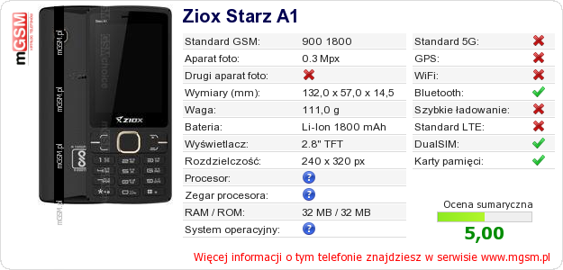 Dane telefonu Ziox Starz A1 Dane telefonu Ziox Starz A1