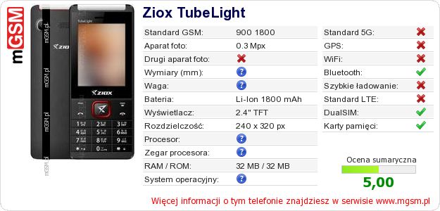 Dane telefonu Ziox TubeLight