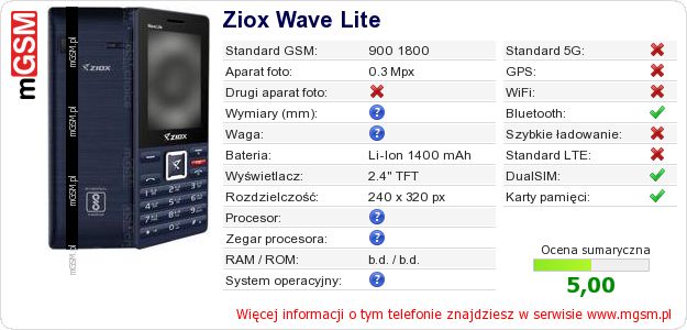 Dane telefonu Ziox Wave Lite