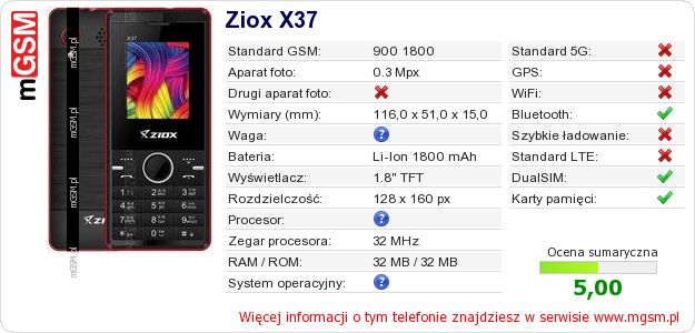 Dane telefonu Ziox X37 Dane telefonu Ziox X37