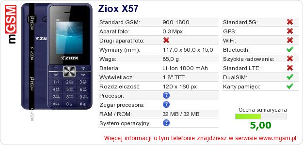 Dane telefonu Ziox X57 Dane telefonu Ziox X57