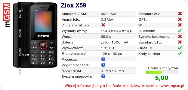 Dane telefonu Ziox X59 Dane telefonu Ziox X59