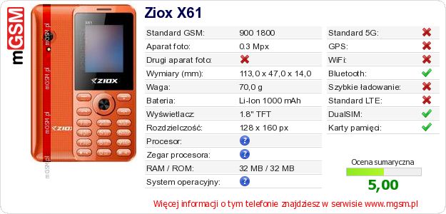 Dane telefonu Ziox X61 Dane telefonu Ziox X61