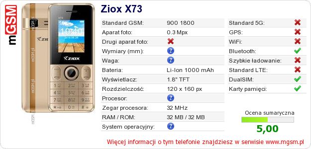 Dane telefonu Ziox X73 Dane telefonu Ziox X73