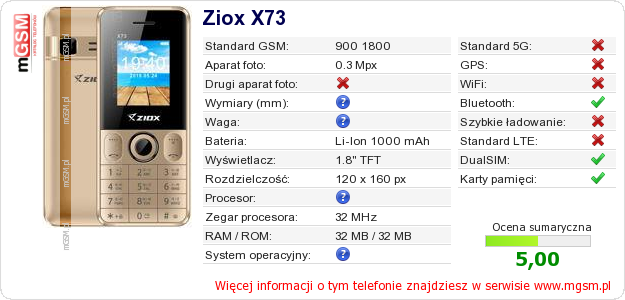 Dane telefonu Ziox X73