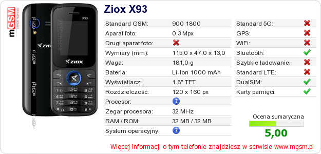 Dane telefonu Ziox X93 Dane telefonu Ziox X93