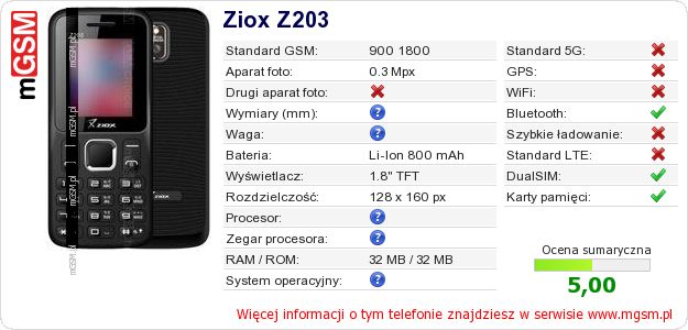 Dane telefonu Ziox Z203