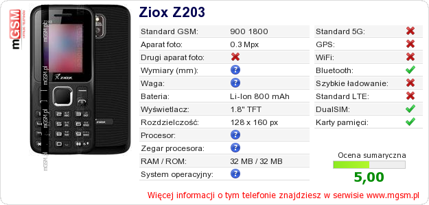 Dane telefonu Ziox Z203