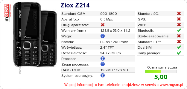 Dane telefonu Ziox Z214 Dane telefonu Ziox Z214