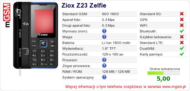 Dane telefonu Ziox Z23 Zelfie