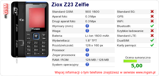 Dane telefonu Ziox Z23 Zelfie