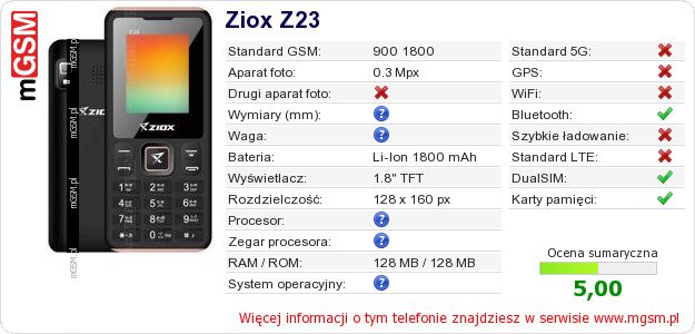 Dane telefonu Ziox Z23 Dane telefonu Ziox Z23