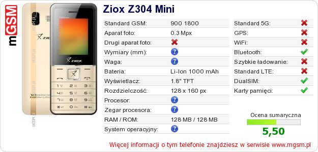 Dane telefonu Ziox Z304 Mini