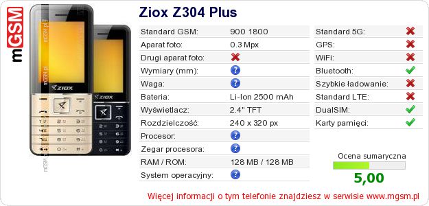 Dane telefonu Ziox Z304 Plus Dane telefonu Ziox Z304 Plus