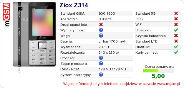 Dane telefonu Ziox Z314 Dane telefonu Ziox Z314