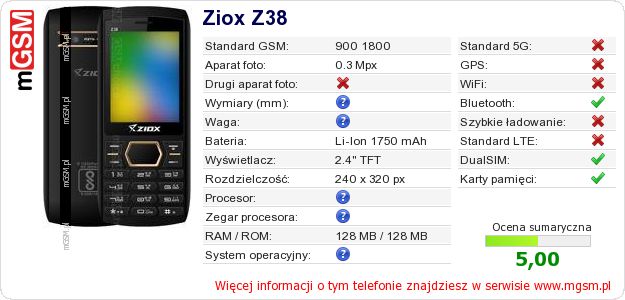 Dane telefonu Ziox Z38 Dane telefonu Ziox Z38