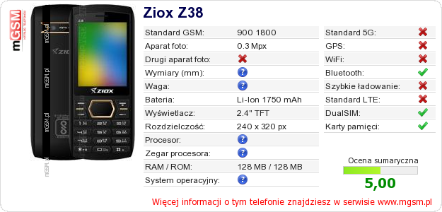 Dane telefonu Ziox Z38