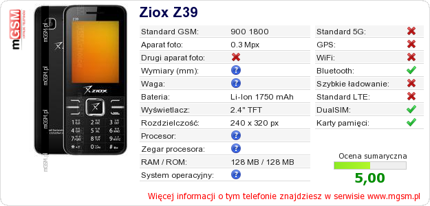 Dane telefonu Ziox Z39