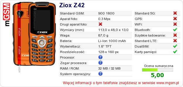 Dane telefonu Ziox Z42 Dane telefonu Ziox Z42
