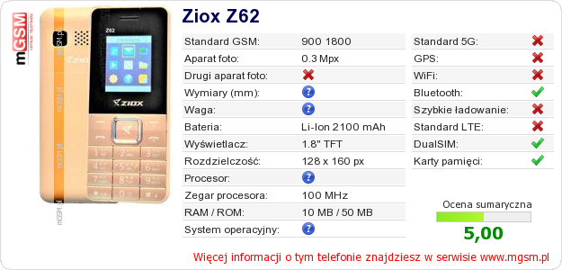 Dane telefonu Ziox Z62 Dane telefonu Ziox Z62