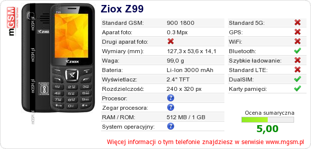 Dane telefonu Ziox Z99 Dane telefonu Ziox Z99