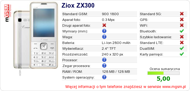 Dane telefonu Ziox ZX300